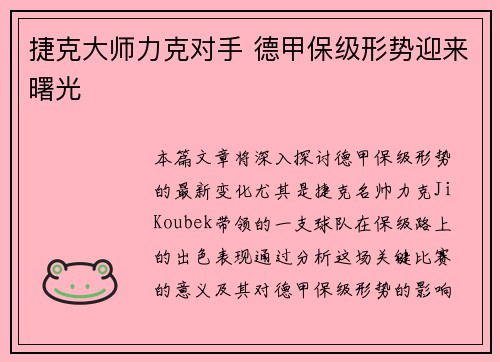 捷克大师力克对手 德甲保级形势迎来曙光