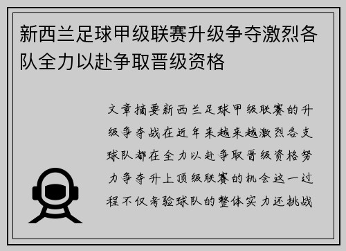 新西兰足球甲级联赛升级争夺激烈各队全力以赴争取晋级资格