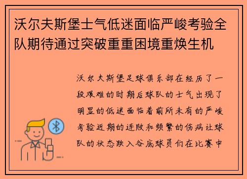 沃尔夫斯堡士气低迷面临严峻考验全队期待通过突破重重困境重焕生机